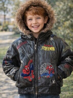 Spider-Man Leather Jacket Kids Fur Hood Marvel Rare Statement Coat S